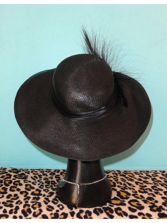 Vintage Black Church Hat w/ Feathers & Rhinestone Brooch Kentucky Derby goth main image 6